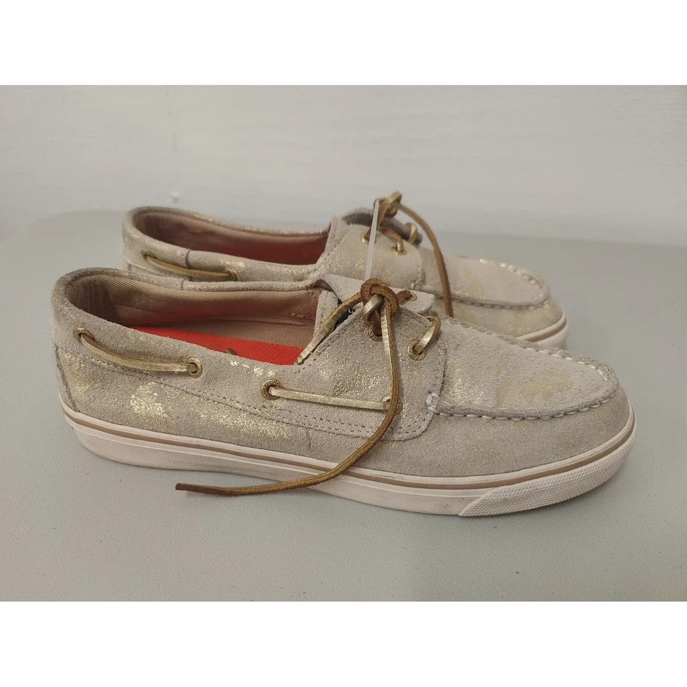 EUC Sperry Top-Sider‎ Sz 9 Bahama Metallic Tan/Goldtone Camo Suede Boat Shoe